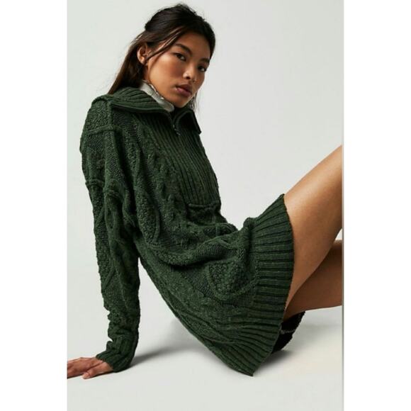 New FREE PEOPLE Driftwood Cable Polo SWEATER $168 SMALL Quarter Zip Green - Picture 1 of 5